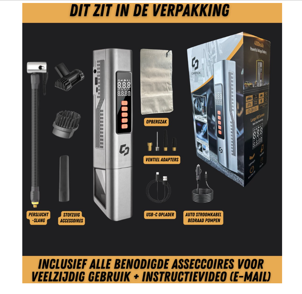 Draagbare 4-in-1 Luchtcompressor & Autostofzuiger Draadloos