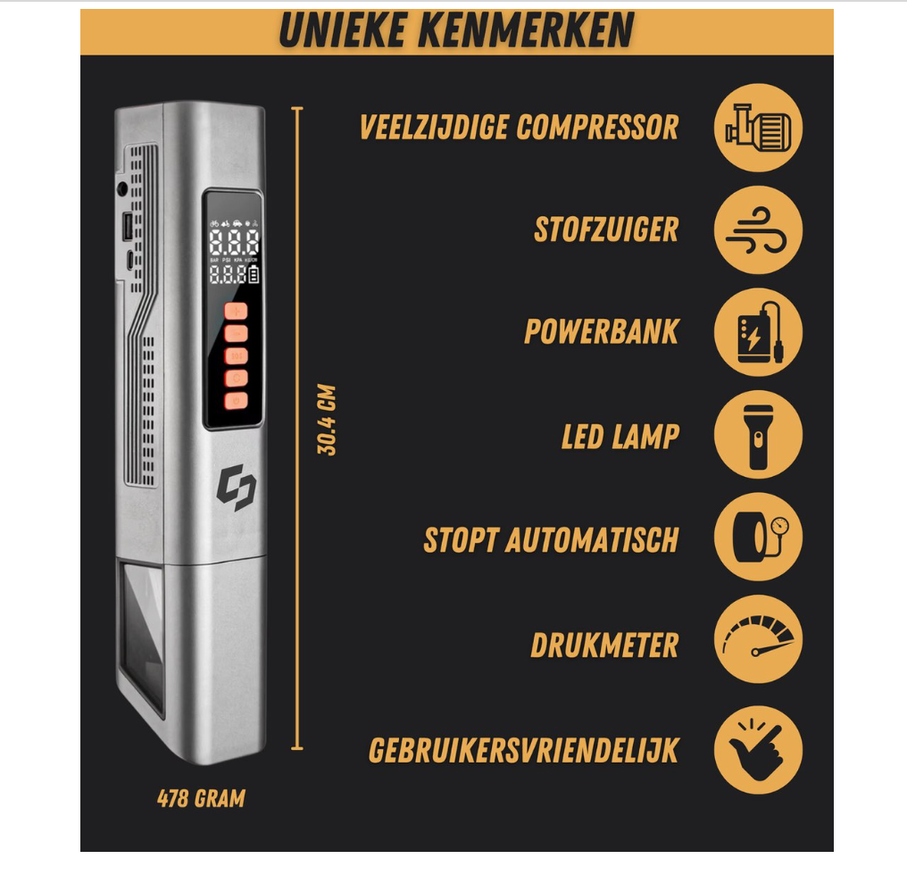 Draagbare 4-in-1 Luchtcompressor & Autostofzuiger Draadloos